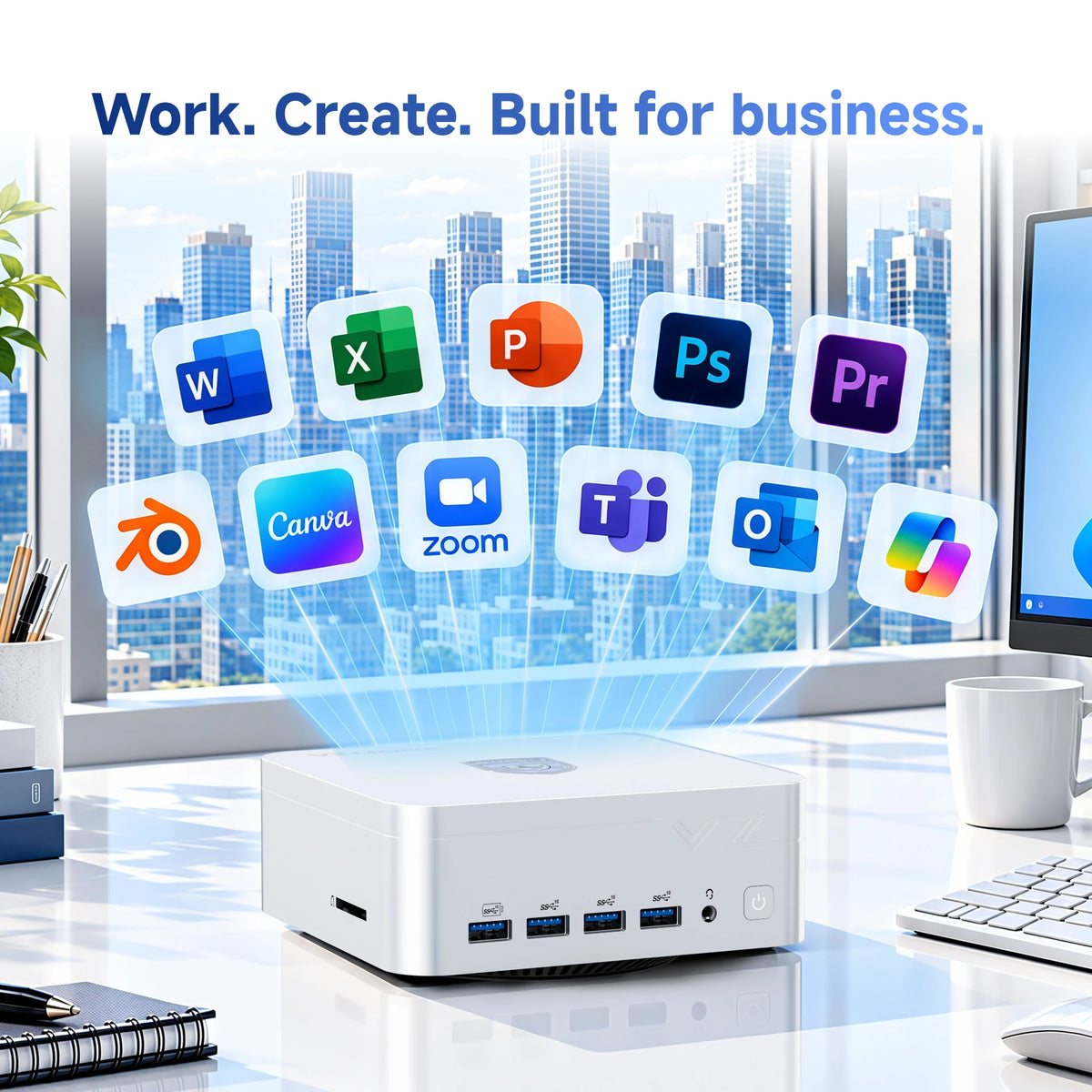 VAMORE AX7 MAX MINI PC sits on a bright office desk, with blue light projecting app icons including Word, Excel, PowerPoint, Photoshop, Procreate, Canva, Zoom, Teams, Outlook, and Google Slides above it.