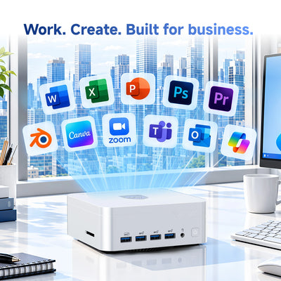 VAMORE AX7 MAX MINI PC sits on a bright office desk, with blue light projecting app icons including Word, Excel, PowerPoint, Photoshop, Procreate, Canva, Zoom, Teams, Outlook, and Google Slides above it. 