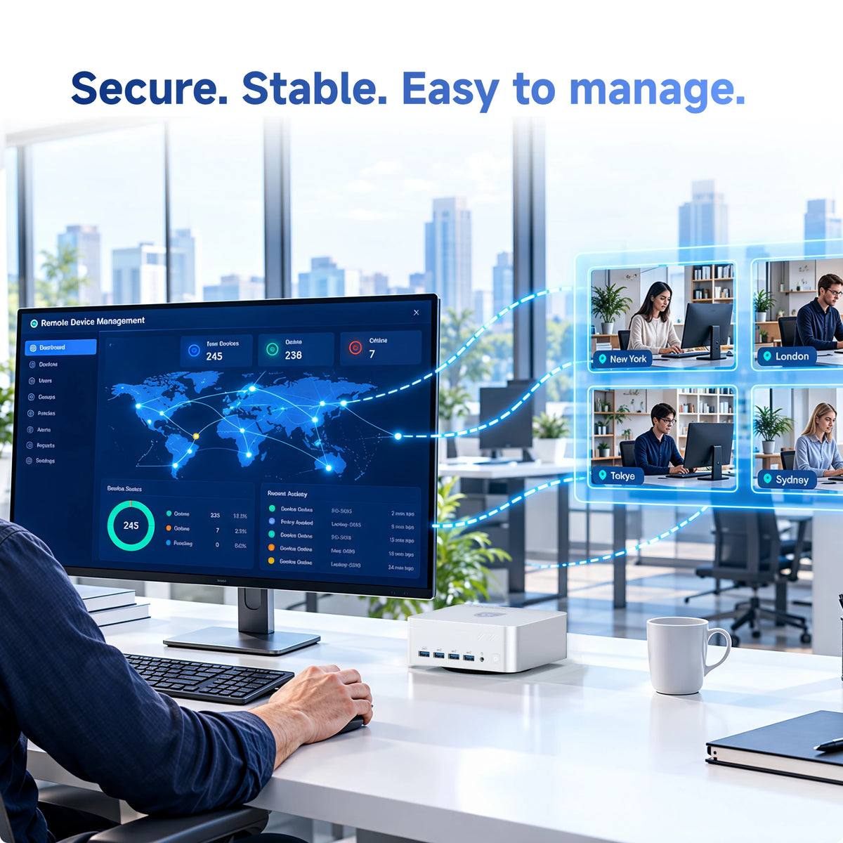 A person sits at a white desk using a vzmore ax7 max mini pc that displays a secure remote desktop interface. 