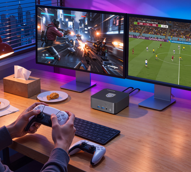 Full I/O Hub. Quad-Display. Stream 4K content, enjoy immersive gaming, and connect with family and friends—all from a compact desktop built to fit seamlessly into your space.
